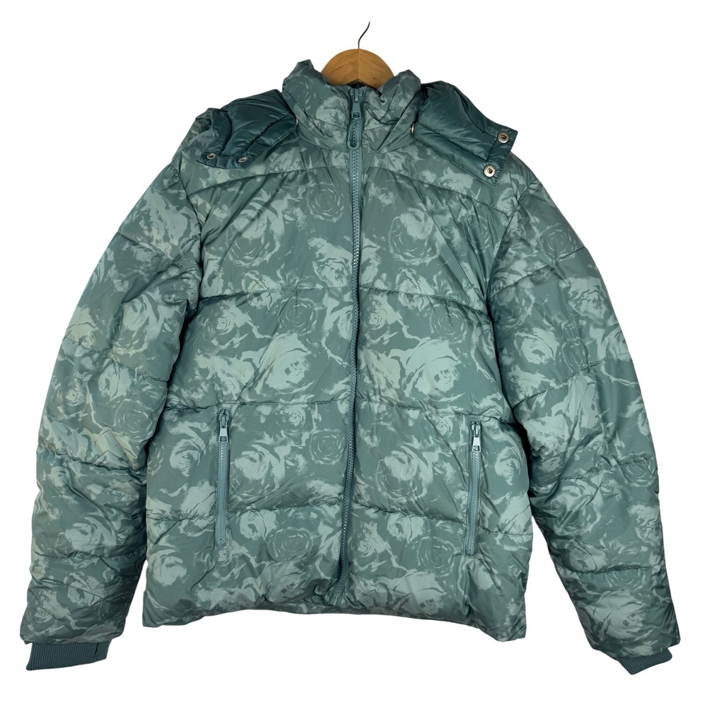 Mode of One Mens Floral Rose Print Puffer Jacket‎ Seedling Green Medium NEW